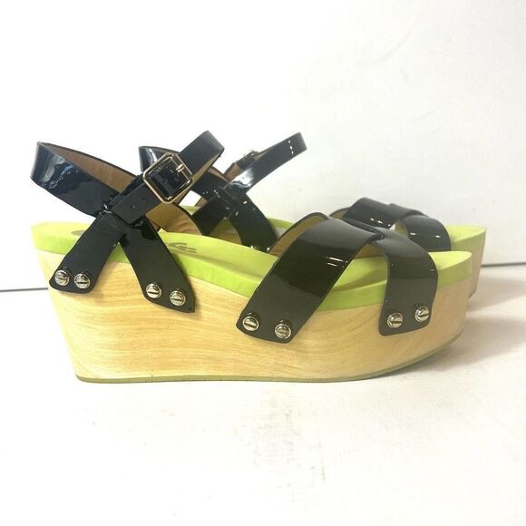 Flogg Glossy Black Neon Green Open Toe Ankle Strap Platform Sandals Women's Sz 7 - Picture 3 of 11